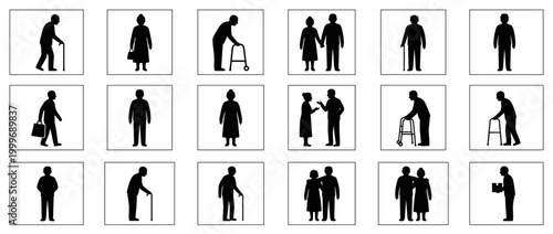 Set of black silhouettes depicting various elderly people and their daily life