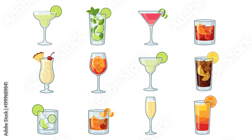 Vibrant Assortment of Colorful Summer Beverages and Refreshing Alcoholic Drinks