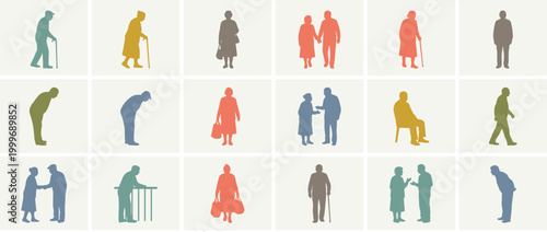 Collage of diverse elderly silhouettes depict various movements and interactions