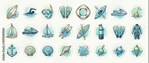 Nautical and Water Sports Icons Collection: Hand-Drawn Elements for Summer Fun