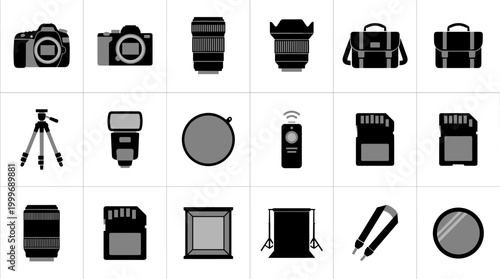 Comprehensive collection of photography equipment icons for creative endeavors