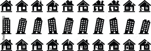 Silhouette icons of houses and buildings showing structural damage and destruction stages
