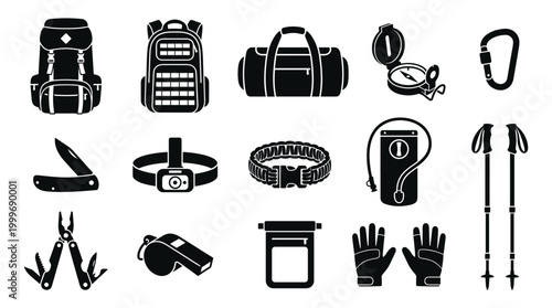 Essential Outdoor Adventure Gear Set: Icons for Hiking Camping and Survival