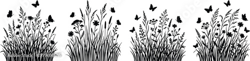 Silhouette illustration of tall grass, wildflowers, and butterflies in natural meadow ecosystem design