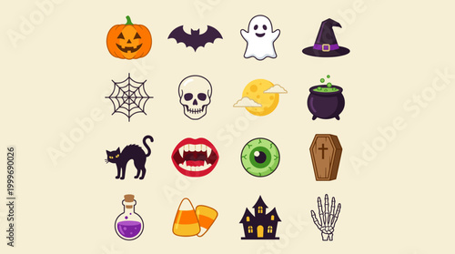 Vibrant Set of Spooky and Fun Holiday Icons for Seasonal Celebration and Decor