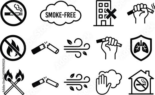 Smoke-free environment silhouette icons of no smoking, fire safety, clean air, quitting cigarettes, and lung health