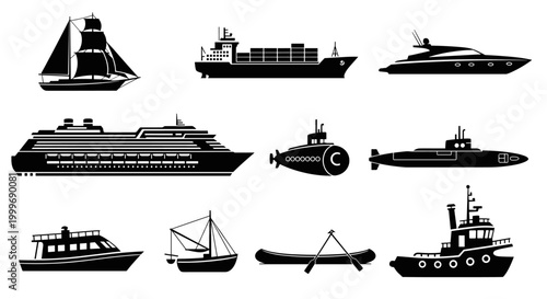 Diverse Collection of Watercraft Silhouettes on Background