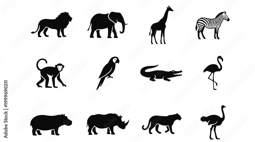 Fototapeta premium Collection of Minimalist Black Silhouettes Representing Twelve Wild Safari Animals