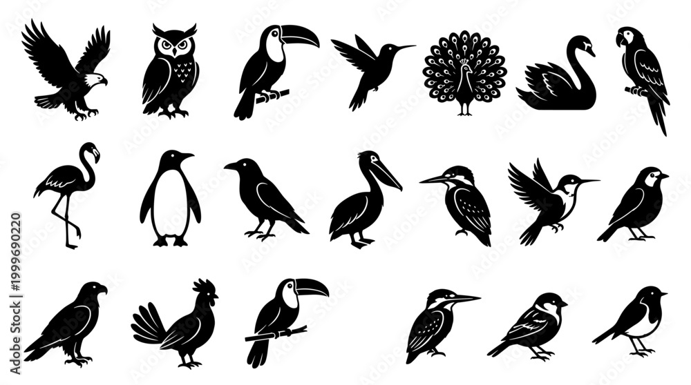 Fototapeta premium Diverse bird silhouette collection: a graphic illustration of various avian species