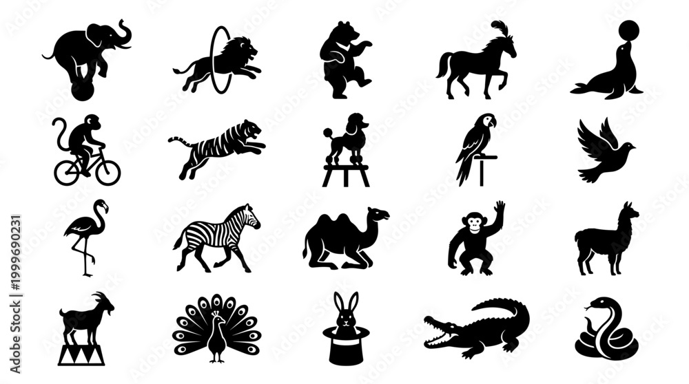 Fototapeta premium Set of Various Circus Animal Black Silhouette Icons Isolated