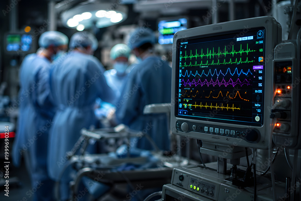 Fototapeta premium Close-up of hospital patient monitor displaying vital signs in ICU, with blurred emergency team in background. High-tech healthcare equipment, critical care atmosphere, cinematic detail.