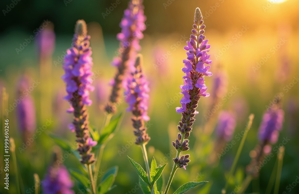 Obraz premium Purple flowers bloom in a sunny meadow. Gentle light illuminates petals and green leaves. Soft focus background shows more plants under warm sunlight.
