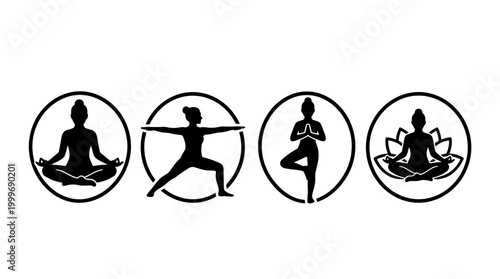 Yoga Poses Silhouettes in Circles: Meditation Warrior Tree and Lotus Postures