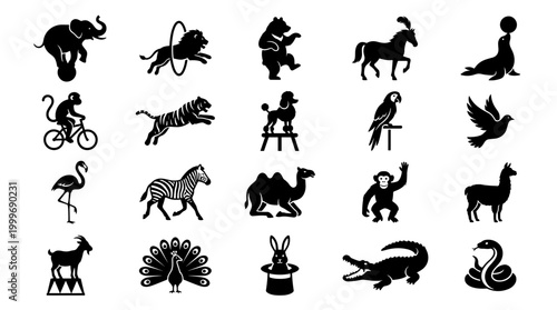Set of Various Circus Animal Black Silhouette Icons Isolated