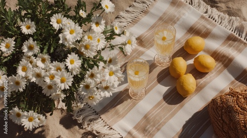 picnic blanket lemons daisies woven bag striped sand aesthetic overhead summer editorial lifestyle