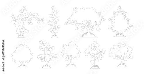 Minimalist tree line art collection, set of 9 thin stroke vector trees, botanical outline illustrations for architectural site plans and landscape design