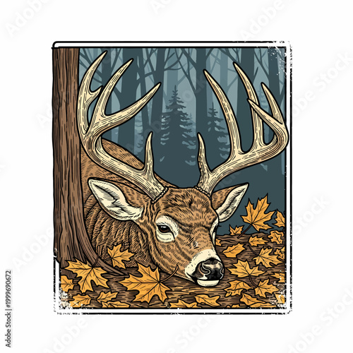 Whitetail deer buck in autumn forest with maple leaves vintage woodcut style illustration