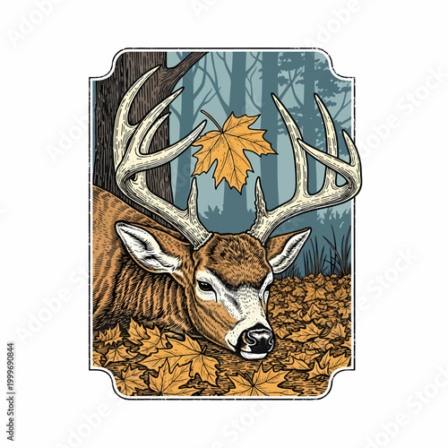 Whitetail deer buck in autumn forest with maple leaves vintage woodcut style illustration