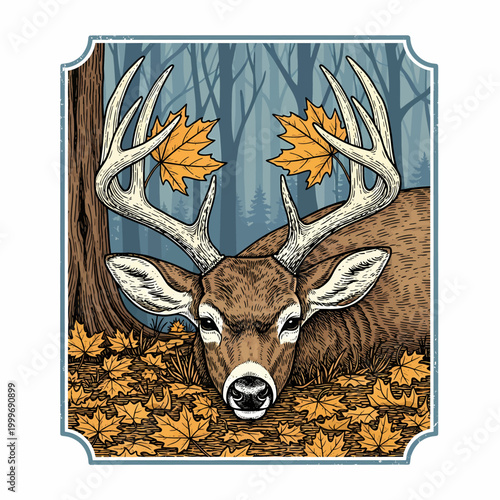 Whitetail deer buck in autumn forest with maple leaves vintage woodcut style illustration