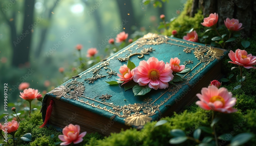 Naklejka premium Antique book with ornate gold trim rests in mossy forest clearing. Delicate pink flowers bloom around cover. Sunlight filters through trees creating magical atmosphere for fairy tales.