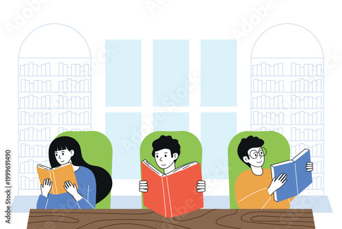 Library. Young students interested read literature against background of bookshelves. Doodle vector illustration for Education