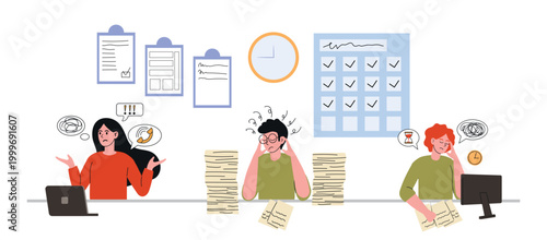 Stress in office. Lack of time. Doodle vector illustration. Suitable for burnout, multitasking, and workplace pressure content