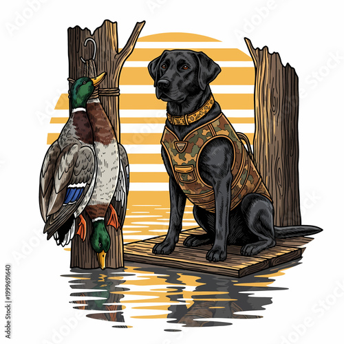 Black Labrador retriever sitting on a wooden dock with hunted mallard ducks and a sunset background