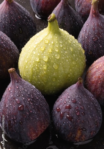 Organic harvest of figs with water droplets, macro photography, dark blurred background, fresh healthy food