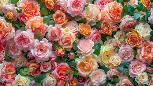 A lush and vibrant display of soft pink, peach, and cream roses intermingled with green leaves, creating a beautiful floral background suitable for celebrations.