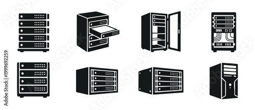 Server rack icon set, data center hardware and network equipment, flat black vector collection for IT infrastructure, web hosting, cloud storage systems and digital communication network management co