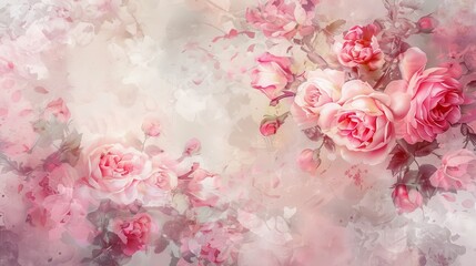 Delicate pink roses bloom in an impressionistic watercolor style with soft, hazy edges creating a romantic, vintage, and elegant floral background ideal for wedding invitations and greeting cards.