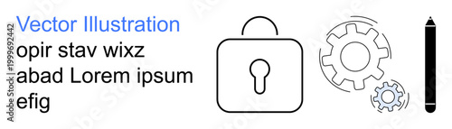 Cybersecurity, technical innovation, software development, secure access, process optimization, automation. A padlock, gears and a pen are . Cybersecurity and software development concept