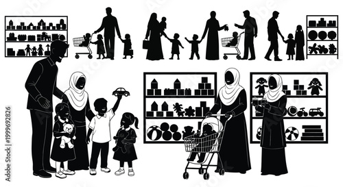 family shopping scenes in silhouette high quality professional detailed modern elegant stylish clean crisp vibrant colorful digital creative innovative contemporary premium