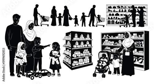 family shopping scene with parents children and store shelves silhouette high quality professional detailed modern elegant stylish clean crisp vibrant colorful