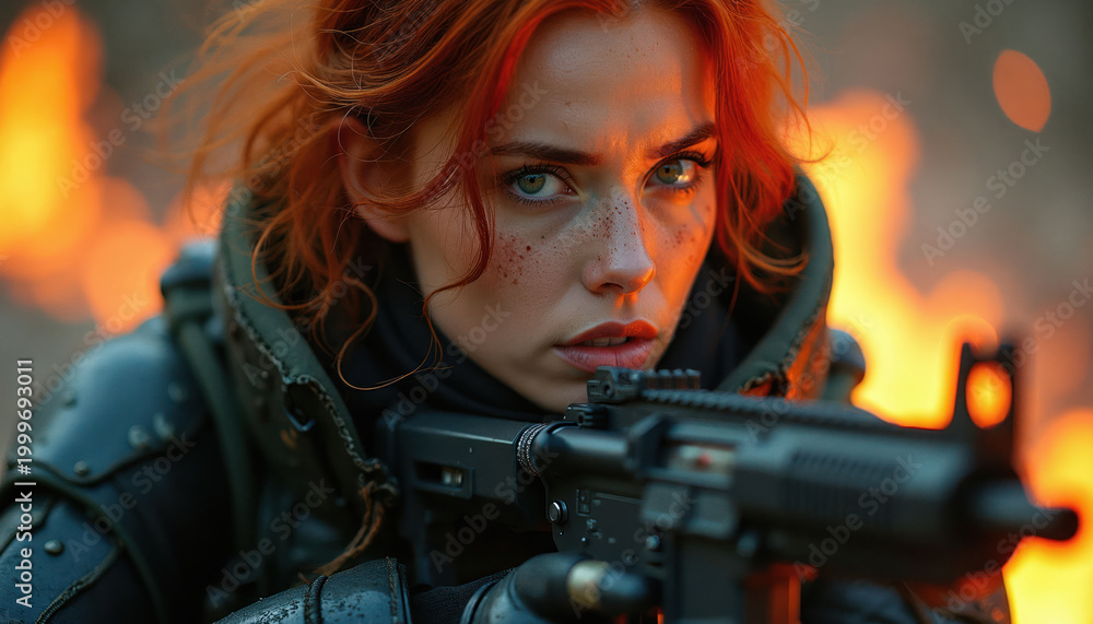 Fototapeta premium Woman soldier with red hair aims rifle in combat. Fire rages behind her as she focuses intensely. Her determined expression and futuristic armor suggest a battle for survival in a dangerous world.