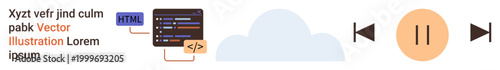 Web development, programming, cloud computing, media control, user interface design, technology icons. Code snippet with HTML and cloud illustration next to media player buttons. Web development