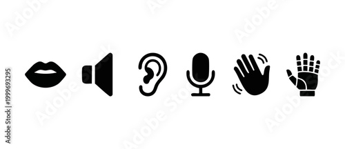Communication Icons Set: Speech, Hearing, and Hand Gestures for Accessibility and Digital Interaction. Flat black vector symbols representing verbal, non-verbal, and sensory interface communication co