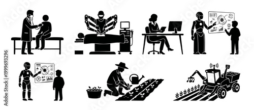 Artificial Intelligence Technology Icons Set, Robot Automation and Human Labor Comparison, Medical Surgery, Smart Farming, and Data Analysis Vector Illustration for Digital Future Business Infographic