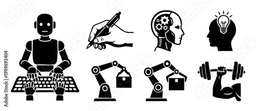 Artificial Intelligence Icons Set, Robot and Automation Symbols, Machine Learning and Industrial Tech Vector Collection for UI UX Design, Robotic Process and Digital Innovation Graphics for Business C