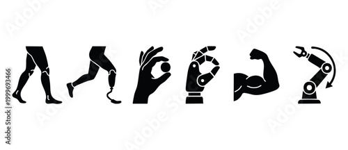 Prosthetics and Robotic Arm Icons Set, Human and Machine limbs, Artificial intelligence technology vector symbols, Biomechanics and cyborg anatomy silhouette collection for innovation design and engin