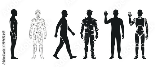 Human Evolution Silhouette Set: From Digital Wireframe and Glitch to Artificial Intelligence Robot Design for Technology Concept and Future Science Progress Illustration, Isolated on White Background