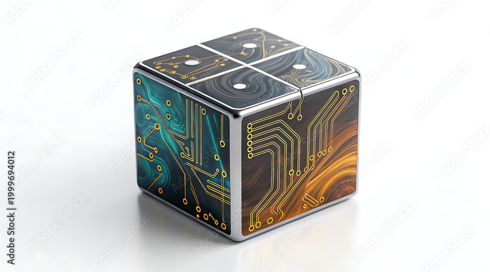 Obraz premium Luxury chrome cube partially filled with swirling teal and amber patterns and circuit board traces conveying futuristic technology and elegance