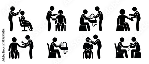 Personal Hygiene Caregiver Icons Set for Elderly and Patient Assistance, Daily Living Activities, Grooming and Sanitation Pictograms for Medical Healthcare Services and Nursing Home Illustration Desig