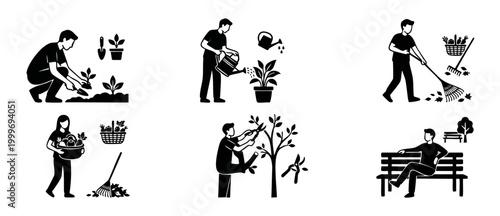 Gardening icons set, people working in garden, planting, watering, raking, harvesting and pruning trees, black silhouette vector illustration set for outdoor landscaping and backyard maintenance desig