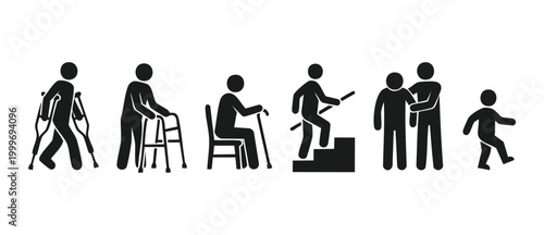 Disability rehabilitation icons set, physical therapy patient recovery vector signs. Elderly walking assistance, crutches, walker, sitting, climbing stairs, support and mobility recovery concept flat
