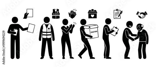 Volunteer Charity Work Icons Set with Donation, Helping Elderly and Community Support Symbols for Non-Profit Organizations, Social Services and Philanthropy Pictograms in Minimalist Black and White St