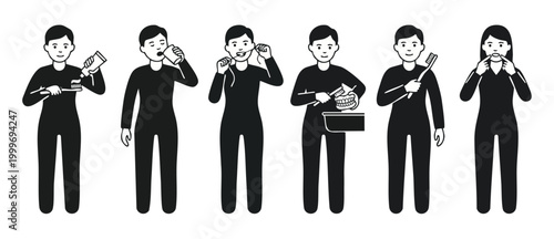 Dental hygiene icons set with people brushing teeth, flossing, using mouthwash and cleaning dentures in a simple flat black and white vector illustration style for healthcare and dentist clinic concep