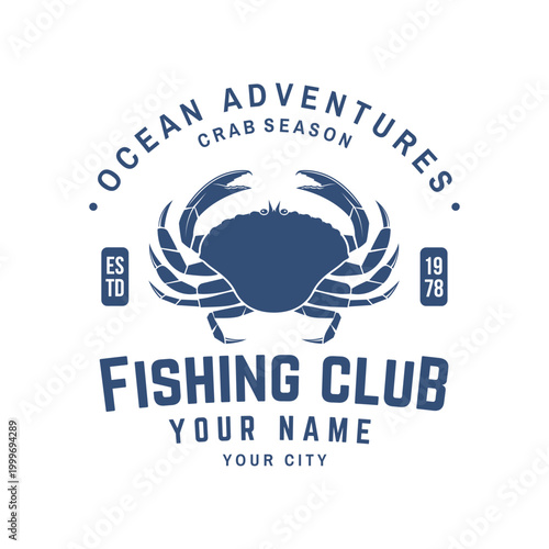 Crab fishing club badge vector illustration with ocean adventures and crab season vintage nautical emblem for t shirt print sticker isolated background