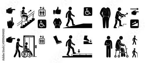 Accessibility Signage Icons Set for Disability and Navigation, Inclusive Design Symbols for Public Spaces, Wheelchair Access and Pedestrian Guidance Graphics, Universal Pictograms for Universal Buildi