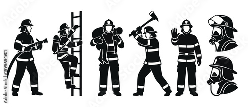 Firefighter Silhouette Set Carrying Victim and Using Tools for Emergency Rescue Operations. Professional Fire Brigade Characters in Protective Gear and Helmets, Isolated Black and White Vector Graphic